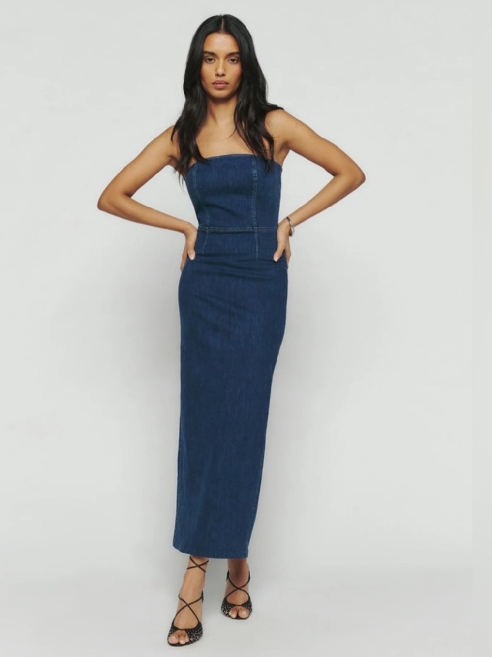 Reformation Eugenia Denim Midi Dress Strapless Size 8 B3 - Picture 1 of 11